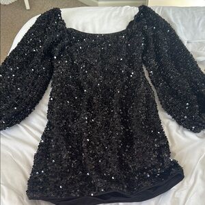 Black Sequin Dress with Puff Sleeves